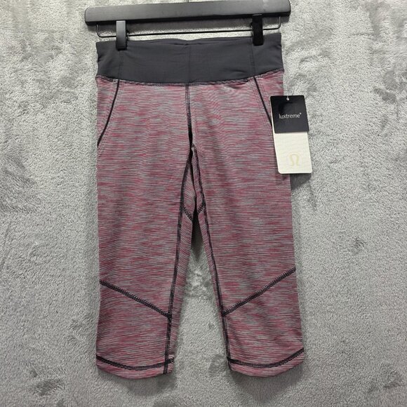Lululemon Run Excel Crop Pants Womens 4 Pink Black Stripe Luxtreme Gel Pockets - Picture 1 of 10